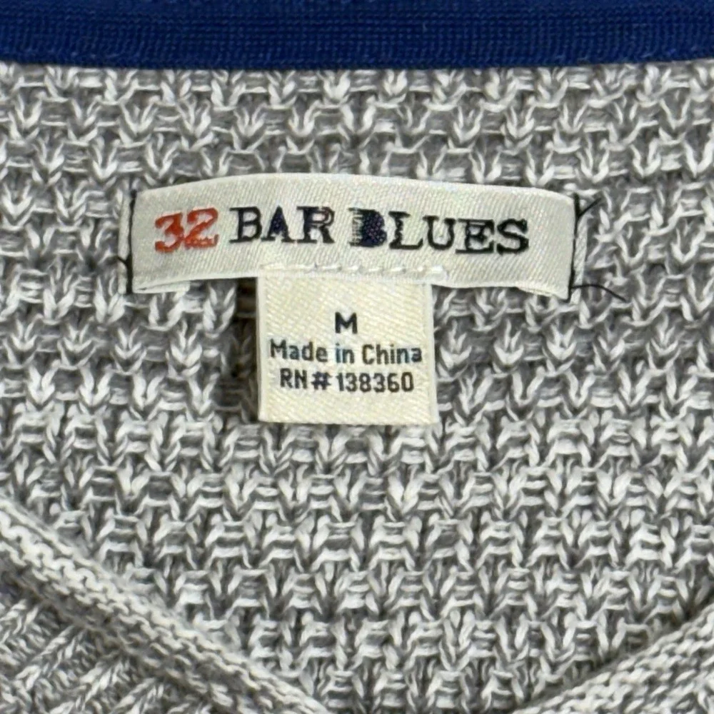 32 Bar Blues Mens Medium Chunky Knit‎ 100% Cotton Heather Gray V-Neck Sweater